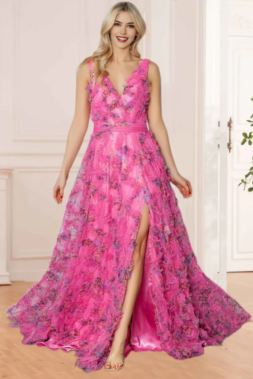 Dressime Sparkly A Line V Neck Floral Long Prom Dress dressime