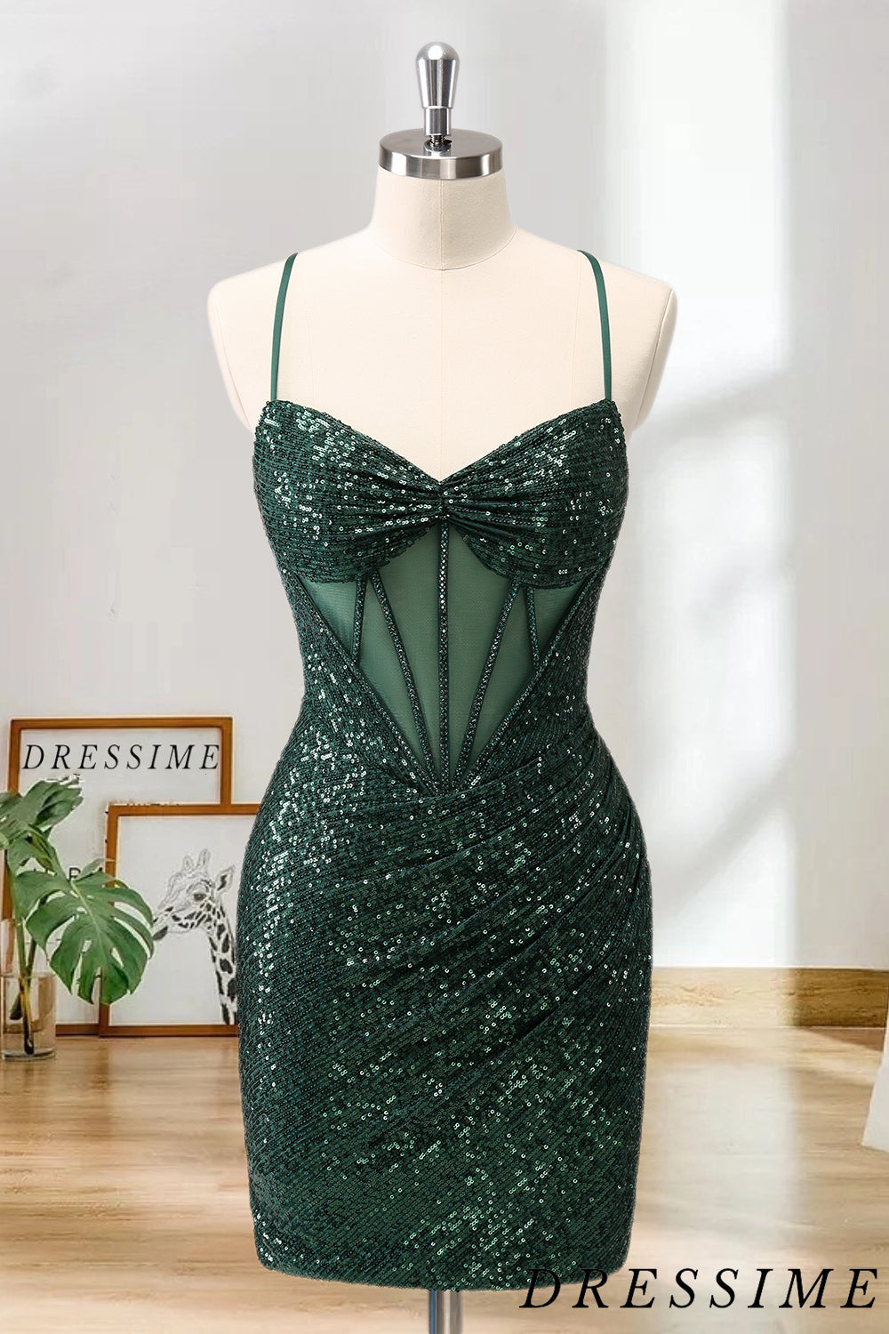 Dressime Sparkly Bodycon Spaghetti Straps Corset Short/Mini Homecoming Dress with Sequins dressime