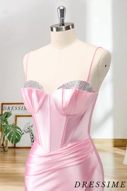 Dressime Sparkly Bodycon Spaghetti Straps Satin Corset Tight Short/Mini Homecoming Dress with Beaded dressime