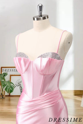 Dressime Sparkly Bodycon Spaghetti Straps Satin Corset Tight Short/Mini Homecoming Dress with Beaded dressime