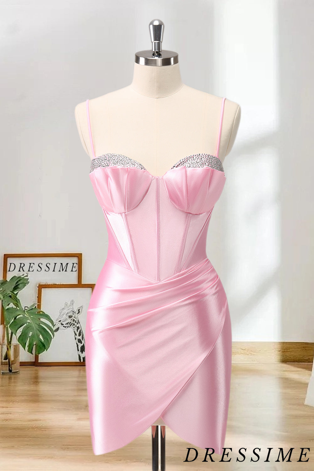 Dressime Sparkly Bodycon Spaghetti Straps Satin Corset Tight Short/Mini Homecoming Dress with Beaded dressime