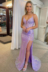 Dressime Sparkly Mermaid Spaghetti Straps Sequins Long Prom Dresses with Appliques dressime