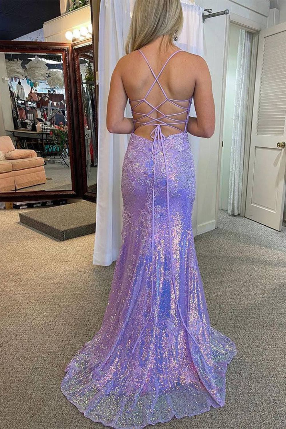 Dressime Sparkly Mermaid Spaghetti Straps Sequins Long Prom Dresses with Appliques dressime