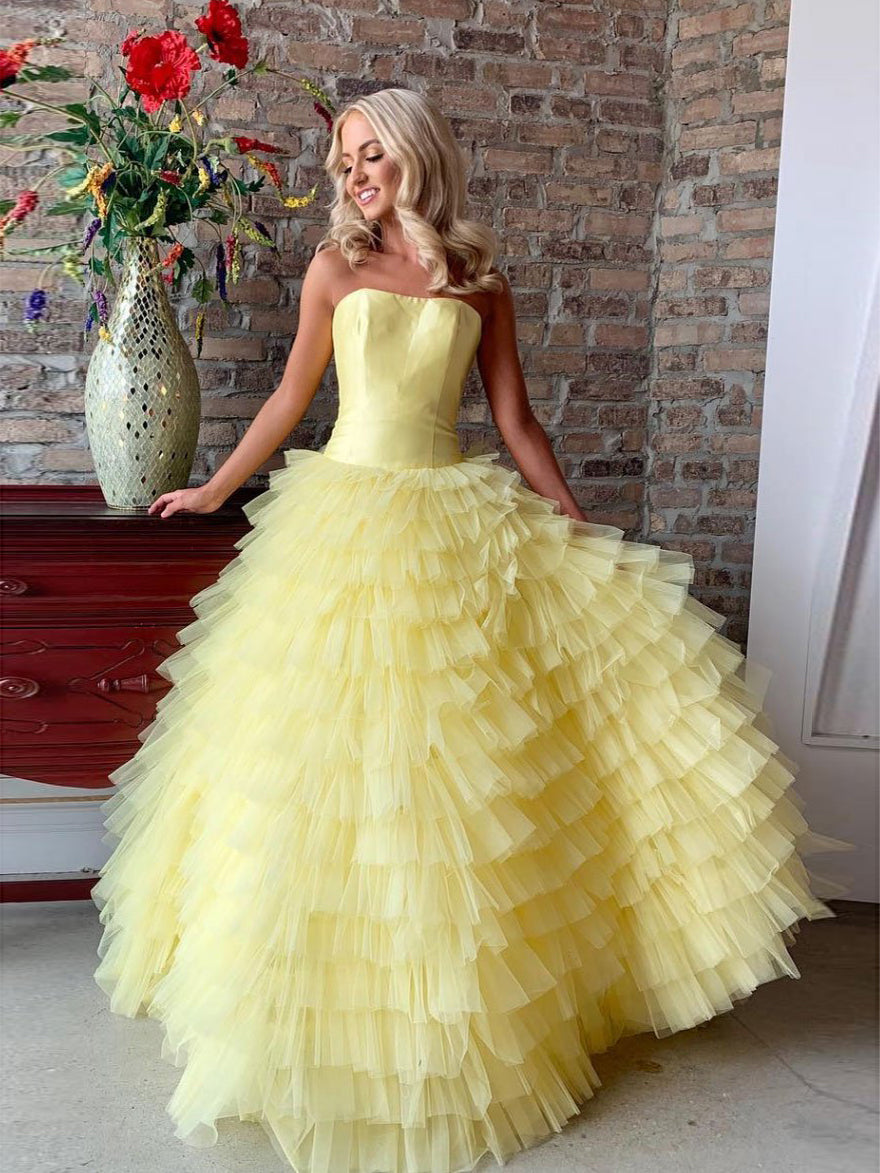 Dressime Strapless A Line Long Ruffles Tiered Prom Dress dressime