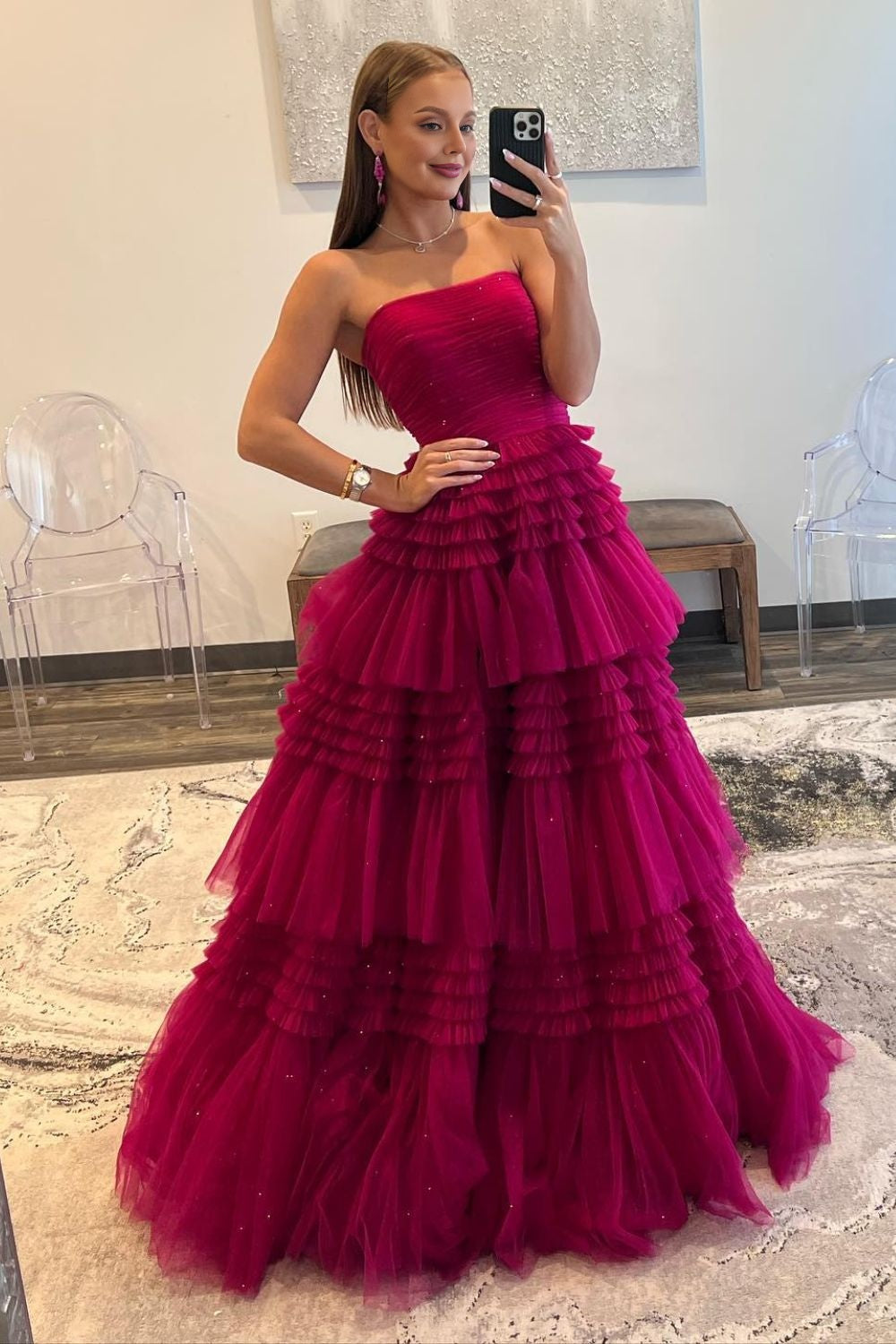 Dressime Strapless A-line Multi-Tiered Tulle Long Prom Dresses with Slit dressime