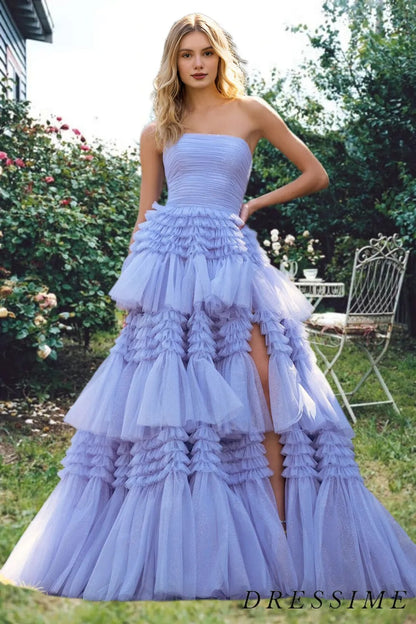 Dressime Strapless A-line Multi-Tiered Tulle Long Prom Dresses with Slit dressime