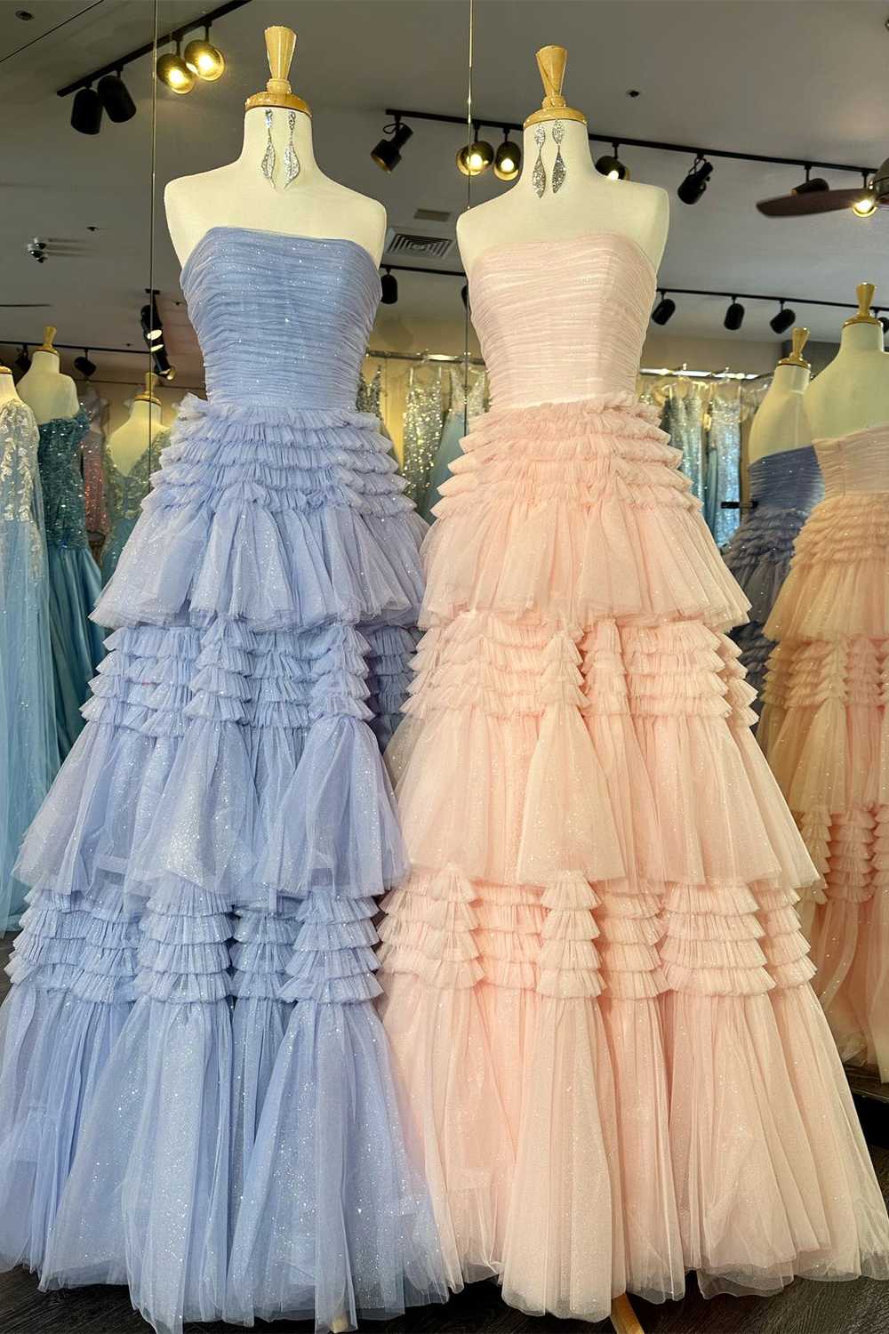 dressimeStrapless A-line Multi-Layers Tulle Long Prom Dresses with Slit 