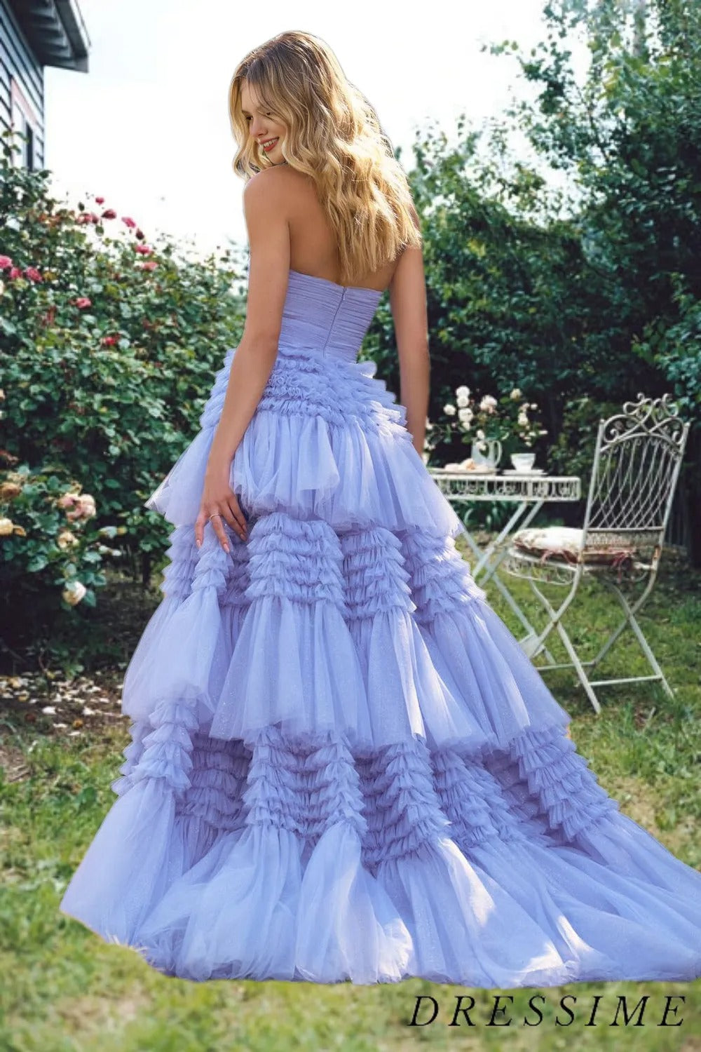 Dressime Strapless A-line Multi-Tiered Tulle Long Prom Dresses with Slit dressime