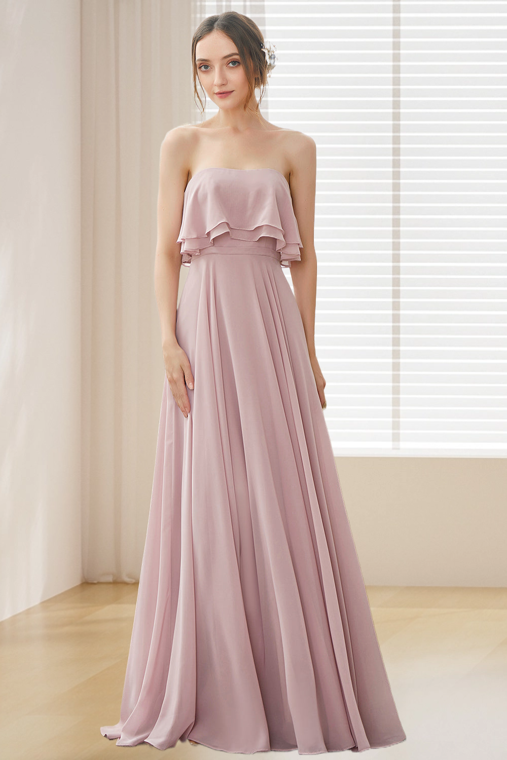 Dressime Strapless Bridesmaid Dresses A Line Ruched Bodice Chiffon dressime