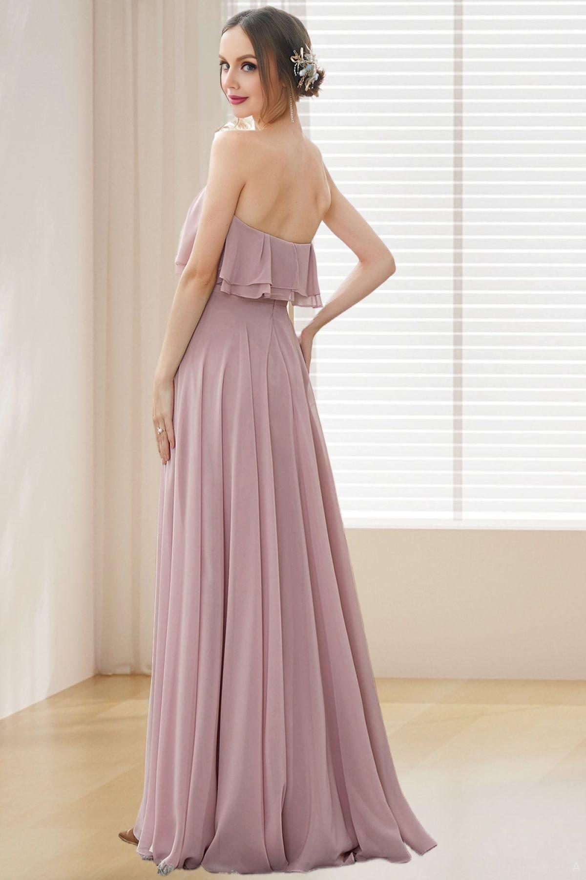 Dressime Strapless Bridesmaid Dresses A Line Ruched Bodice Chiffon dressime