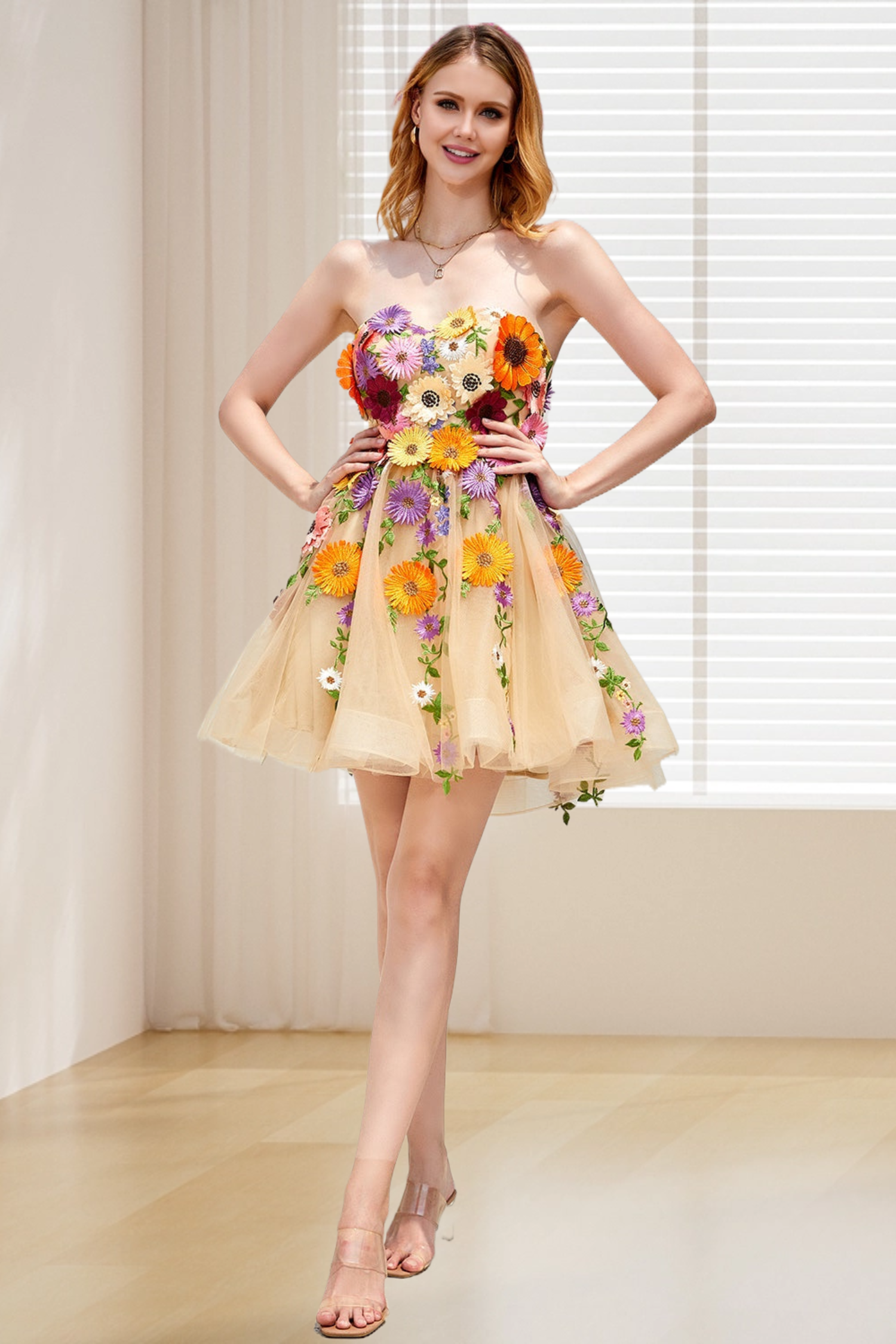 Dressime Strapless Homecoming Dresses Knee Length Tulle With 3D Flower dressime