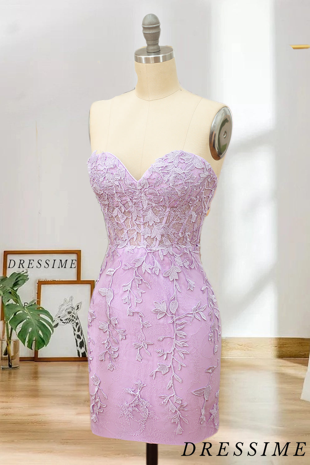 Dressime Strapless Sweetheart Short Pink Bodycon Cute Mini Lace Applique Homecoming Dress dressime