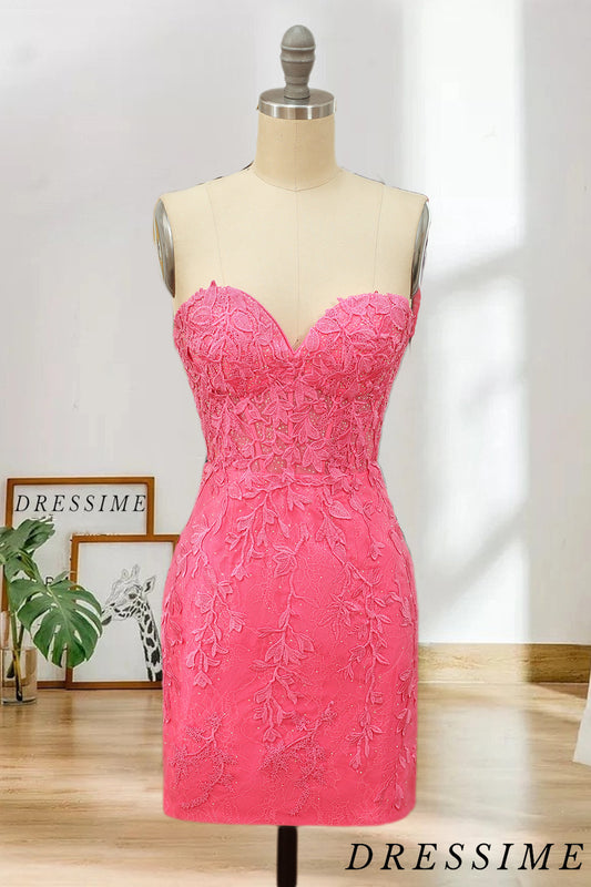 Dressime Strapless Sweetheart Short Pink Bodycon Cute Mini Lace Applique Homecoming Dress dressime