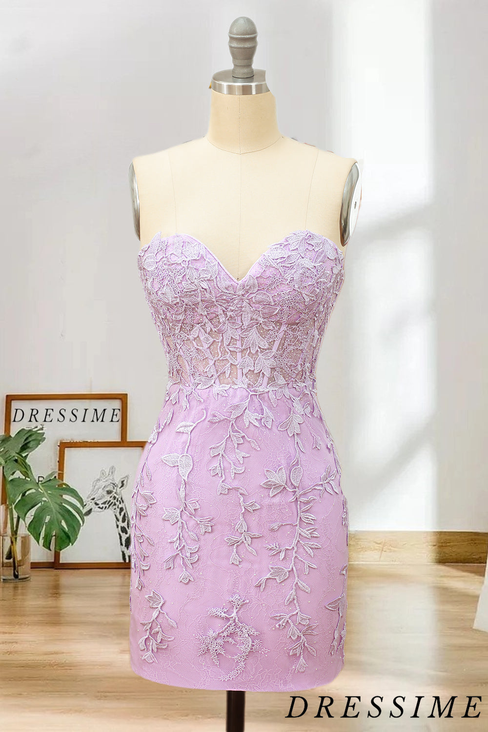 Dressime Strapless Sweetheart Short Pink Bodycon Cute Mini Lace Applique Homecoming Dress dressime