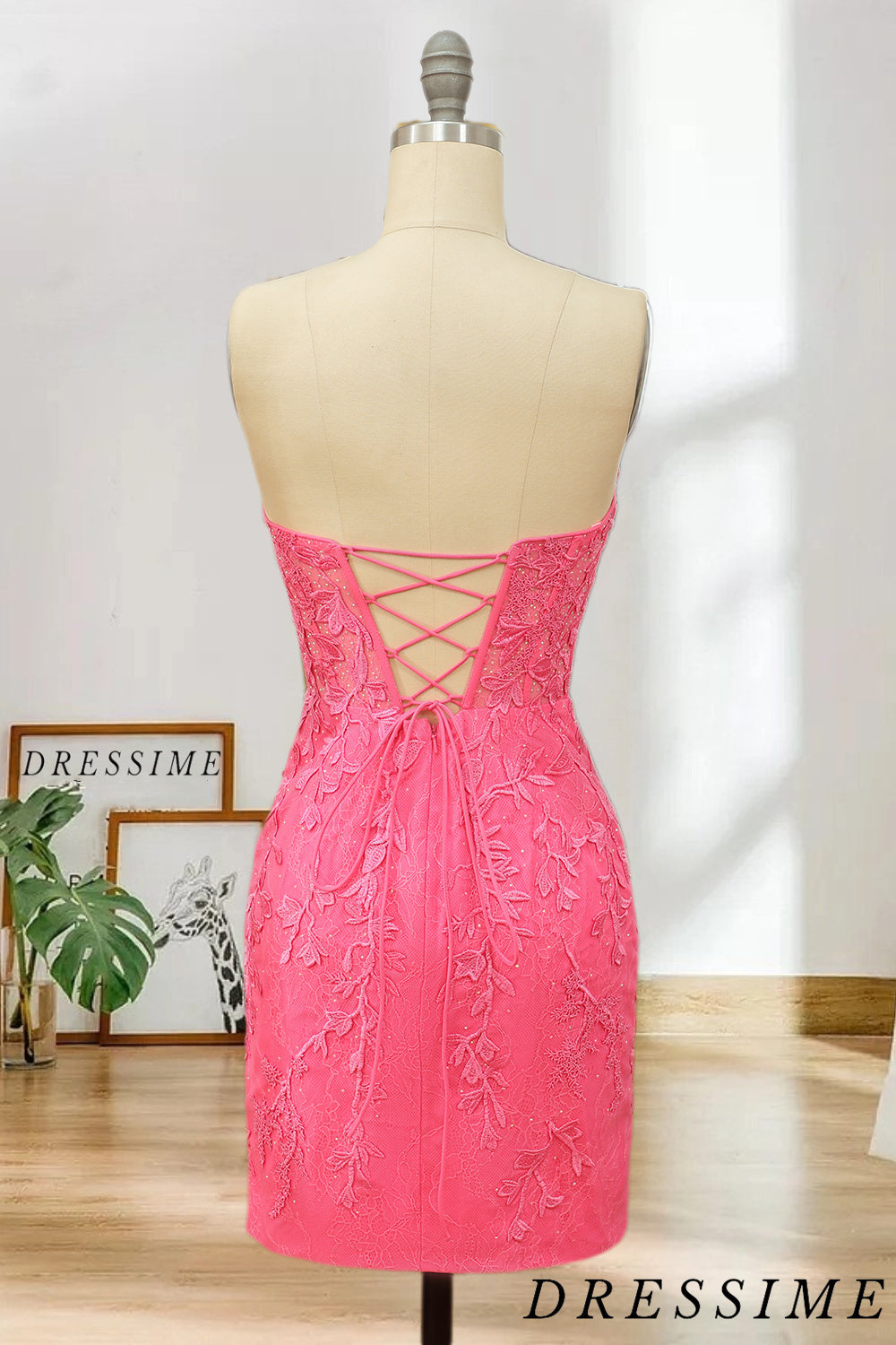 Dressime Strapless Sweetheart Short Pink Bodycon Cute Mini Lace Applique Homecoming Dress dressime