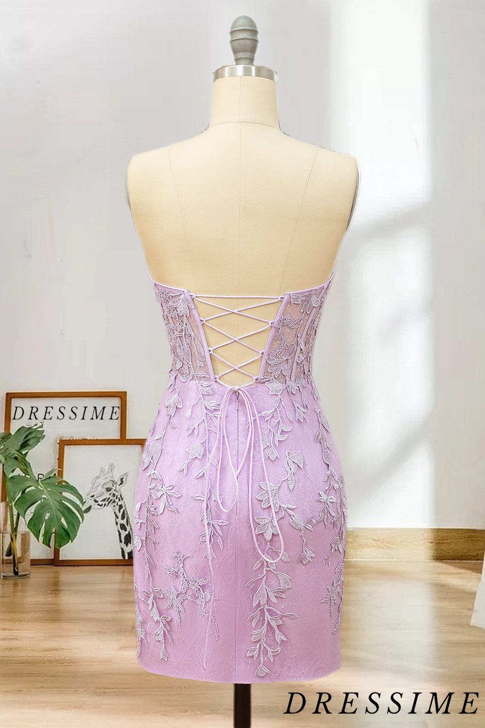 Dressime Strapless Sweetheart Short Pink Bodycon Cute Mini Lace Applique Homecoming Dress dressime