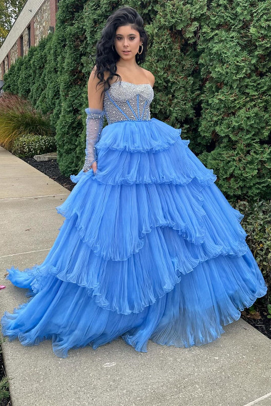 Dressime Strapless Tiered Long Prom Dress with Pleated Ruffle Skirt and Removable Pearl Sleeves dressime