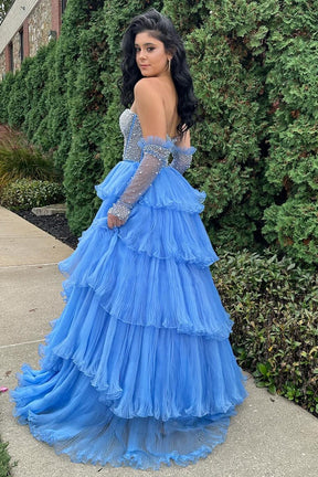 Dressime Strapless Tiered Long Prom Dress with Pleated Ruffle Skirt and Removable Pearl Sleeves dressime