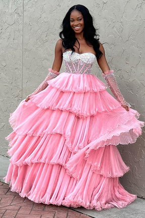 Dressime Strapless Tiered Long Prom Dress with Pleated Ruffle Skirt and Removable Pearl Sleeves dressime