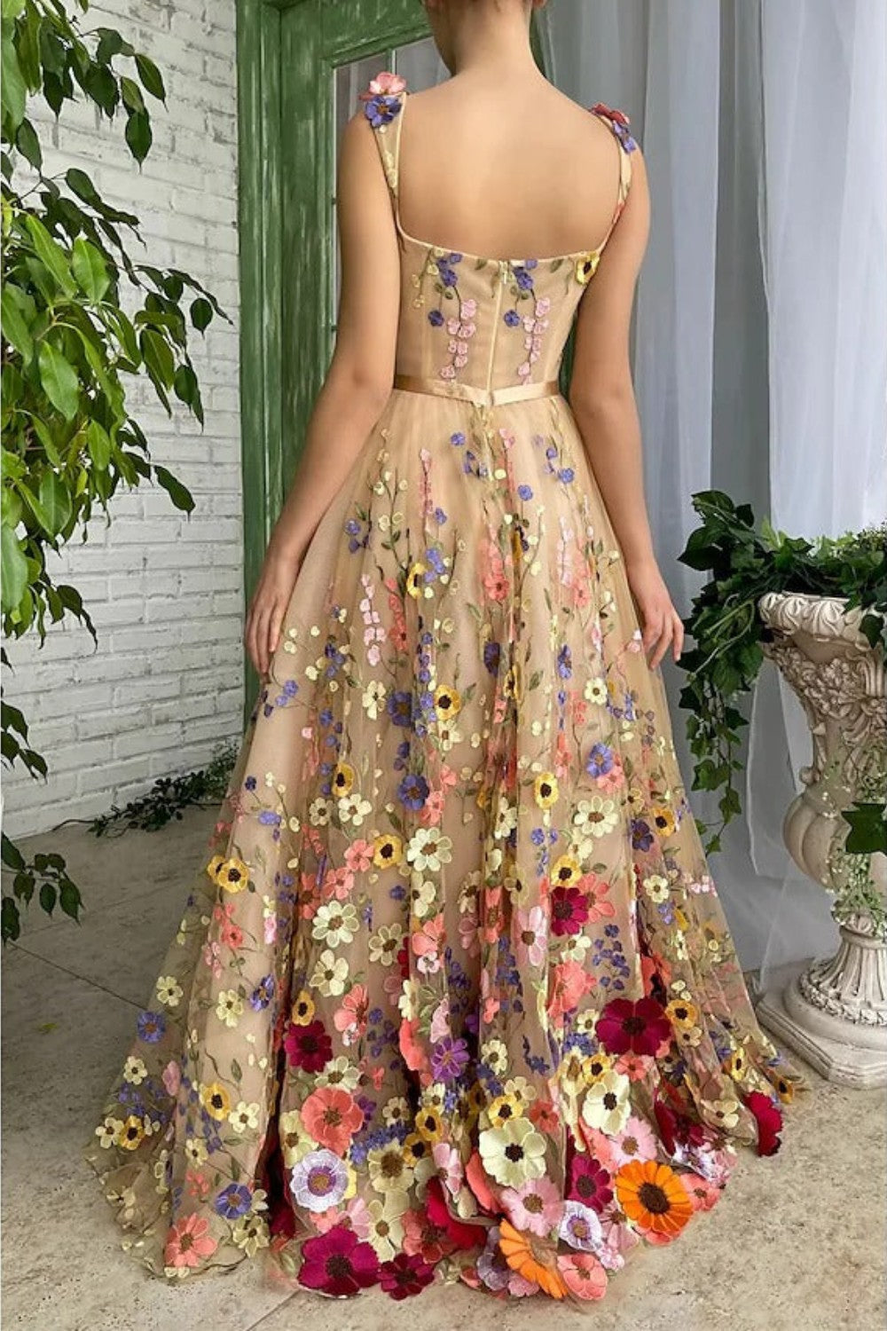 dressimeStraps A Line Tulle  Prom Dresses With 3D Flower 