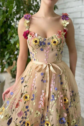 dressimeStraps A Line Tulle  Prom Dresses With 3D Flower 