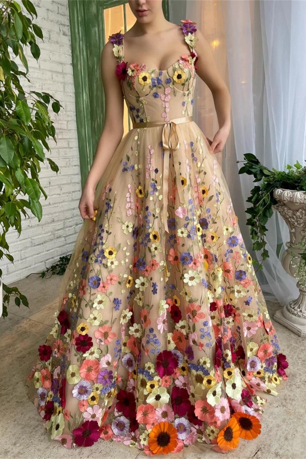 dressimeStraps A Line Tulle  Prom Dresses With 3D Flower 