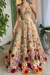 dressimeStraps A Line Tulle  Prom Dresses With 3D Flower 