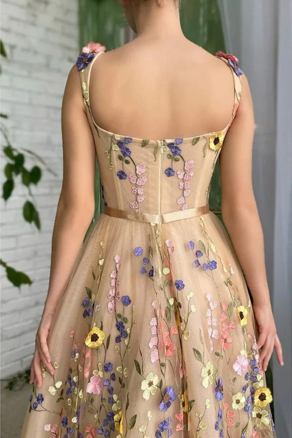 dressimeStraps A Line Tulle  Prom Dresses With 3D Flower 