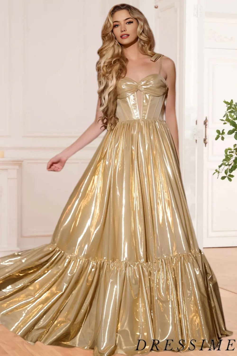 Dressime Stunning A Line Straps Metallic Long Prom Dress dressime