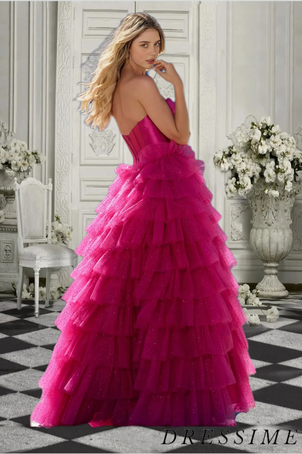 Dressime Stunning A Line Sweetheart Satin Tulle Slit Tiered Long Prom Dress with Flower dressime