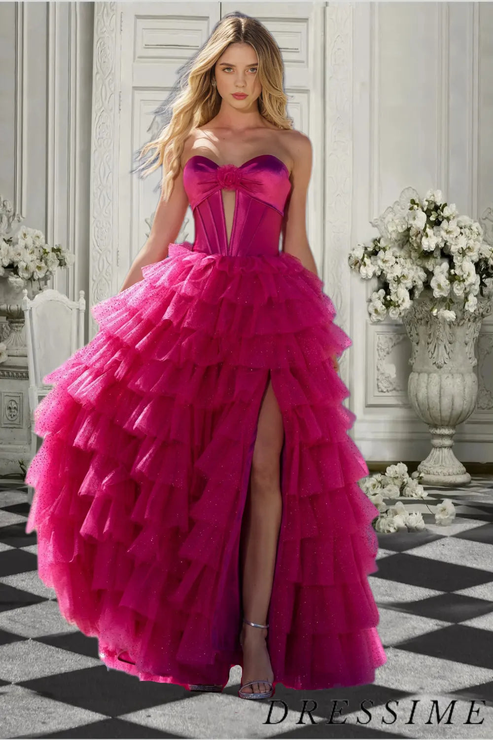 Dressime Stunning A Line Sweetheart Satin Tulle Slit Tiered Long Prom Dress with Flower dressime