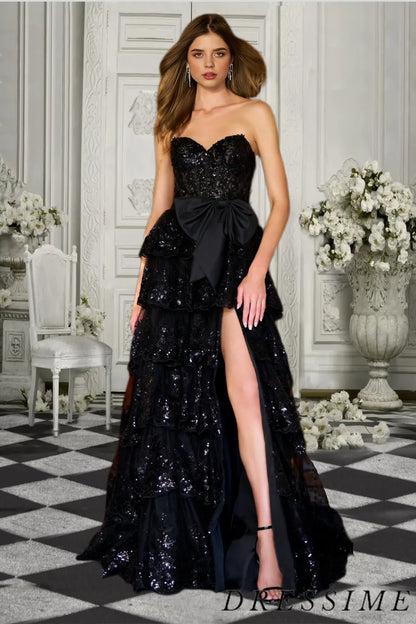 Dressime Stunning A Line Sweetheart Sequin Appliques Slit Tiered Long Prom Dress with Bowknot dressime