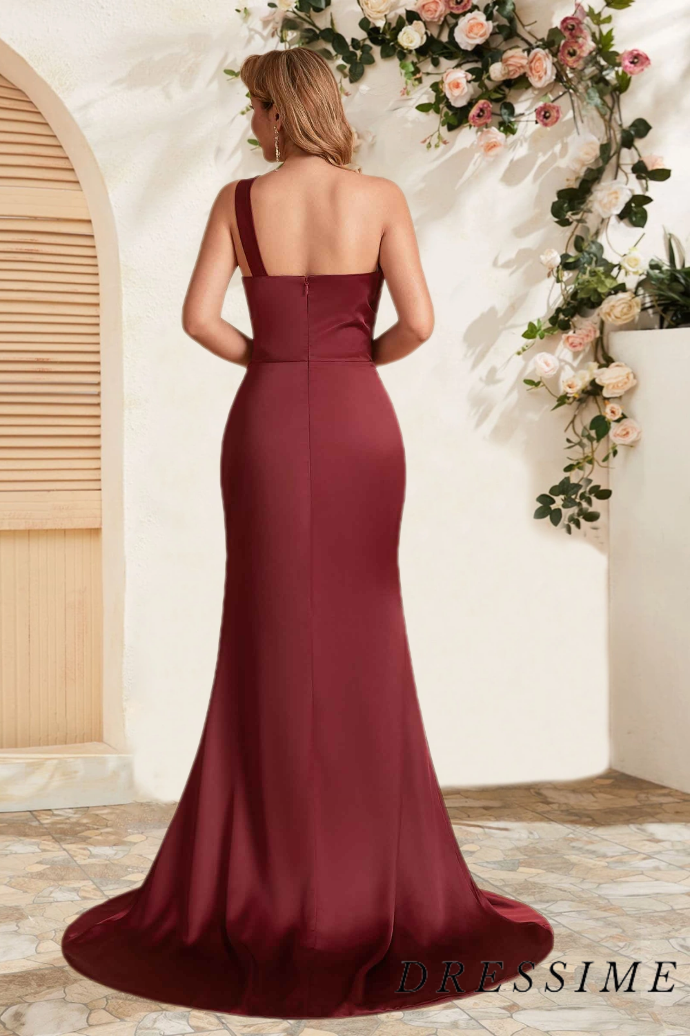 Dressime Stunning Mermaid One Shoulder Satin Long Bridesmaid Dress With Slit dressime