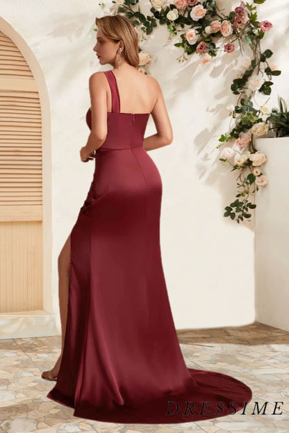 Dressime Stunning Mermaid One Shoulder Satin Long Bridesmaid Dress With Slit dressime