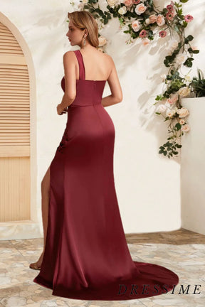 Dressime Stunning Mermaid One Shoulder Satin Long Bridesmaid Dress With Slit dressime