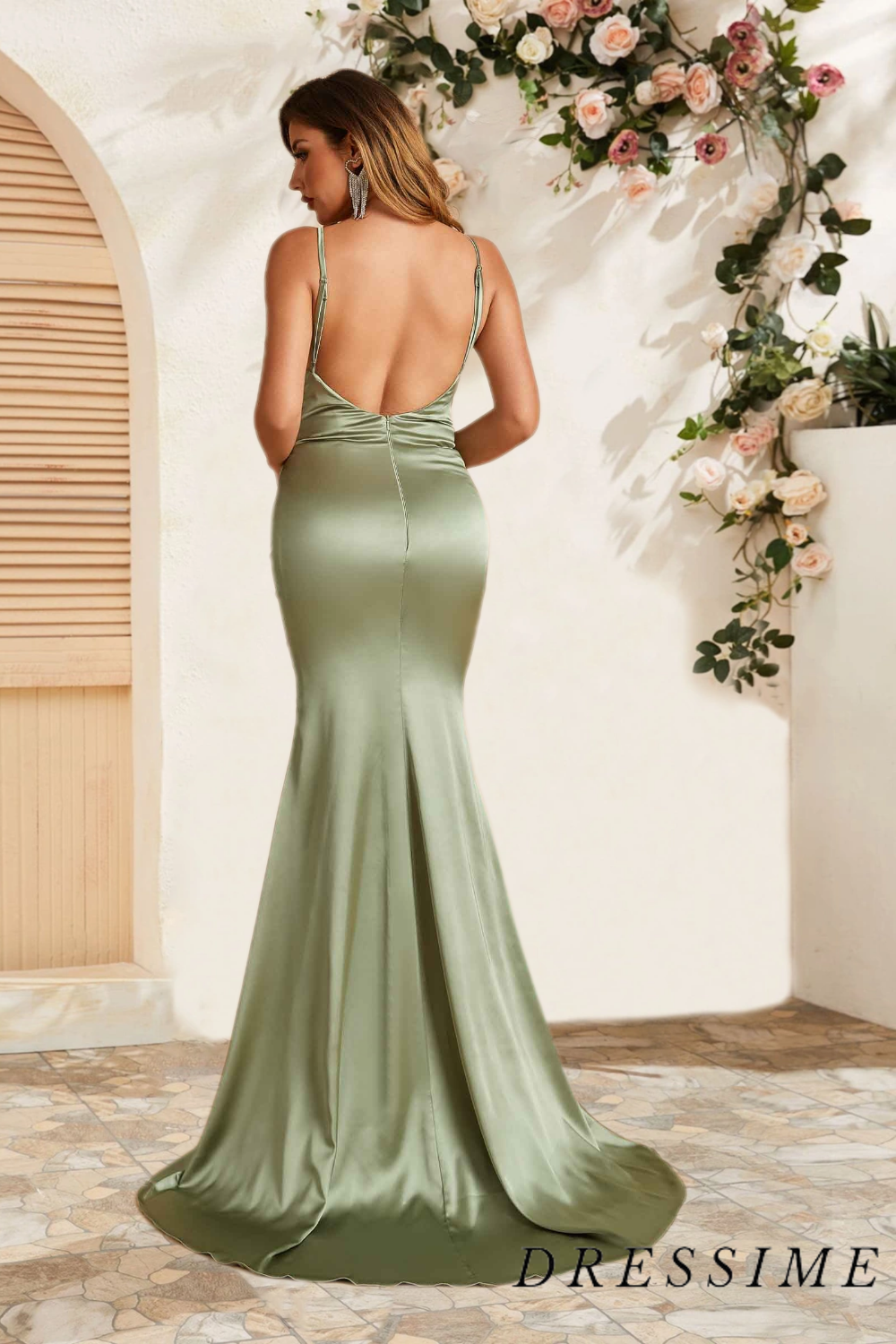 Dressime Stunning Mermaid Spaghetti Straps Satin Floor Length Bridesmaid Dress dressime