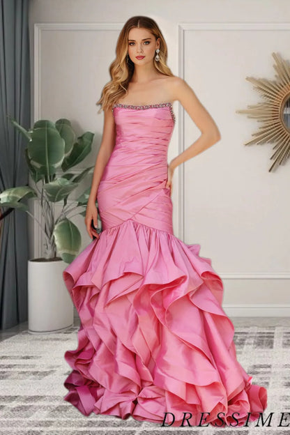 Dressime Stunning Mermaid Strapless Satin Long Prom Dress with Pleats dressime