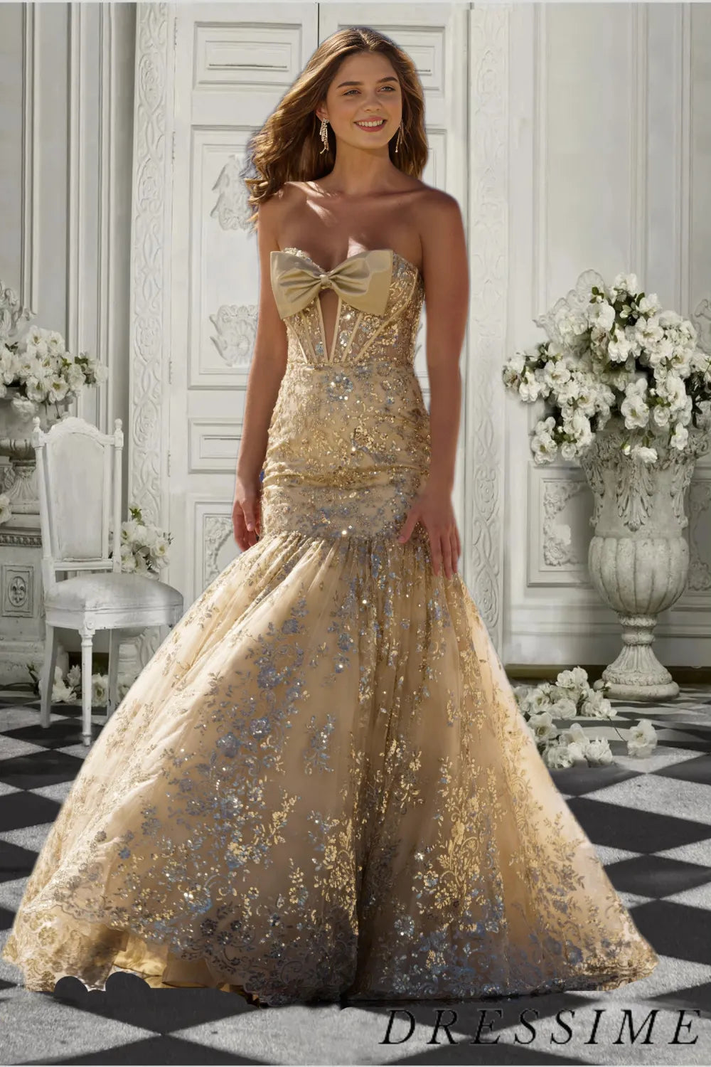 Dressime Stunning Mermaid Strapless Sequin Long Prom Dress with Bowknot dressime