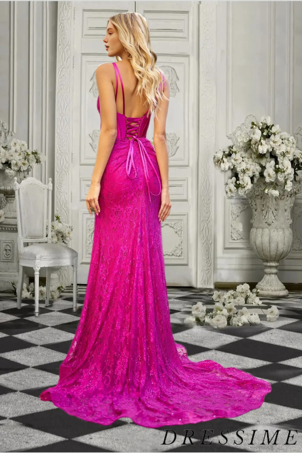 Dressime Stunning Mermaid V Neck Lace Long Prom Dress With Slit dressime