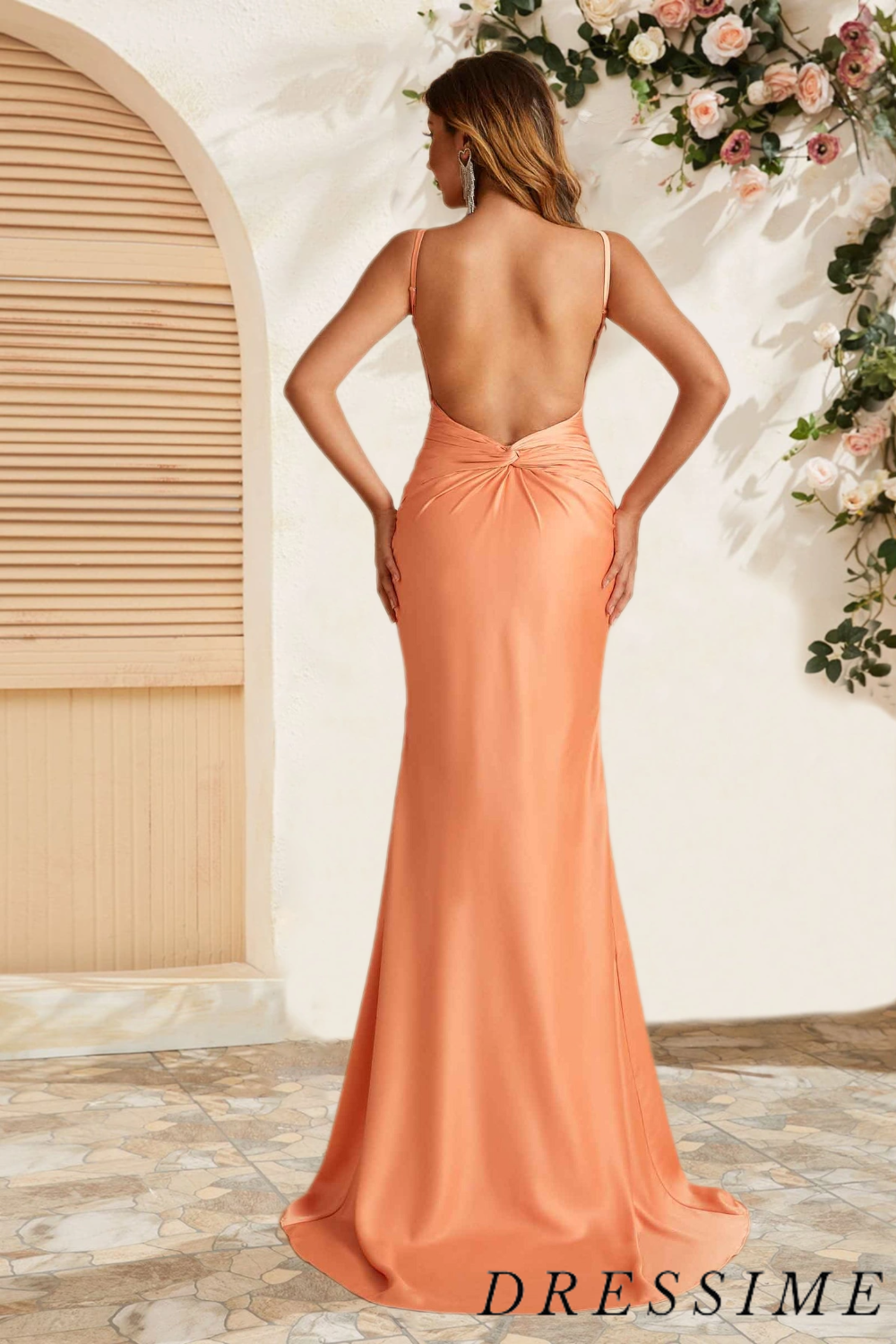 Dressime Stunning Mermaid V Neck Satin Floor Length Bridesmaid Dress dressime