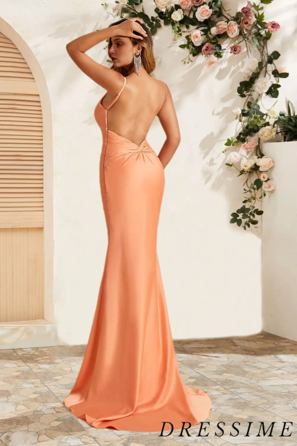 Dressime Stunning Mermaid V Neck Satin Floor Length Bridesmaid Dress dressime