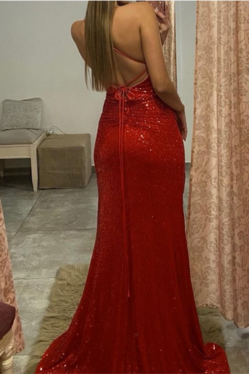 dressimeStunning Sheath Spaghetti Straps Sequin Prom Dresses With Slit 