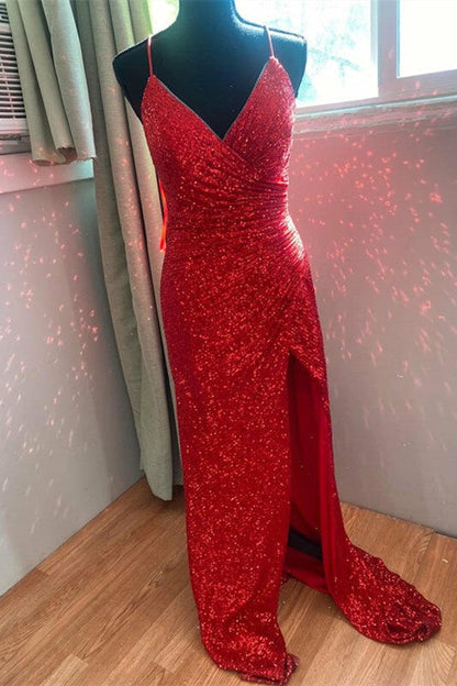 dressimeStunning Sheath Spaghetti Straps Sequin Prom Dresses With Slit 