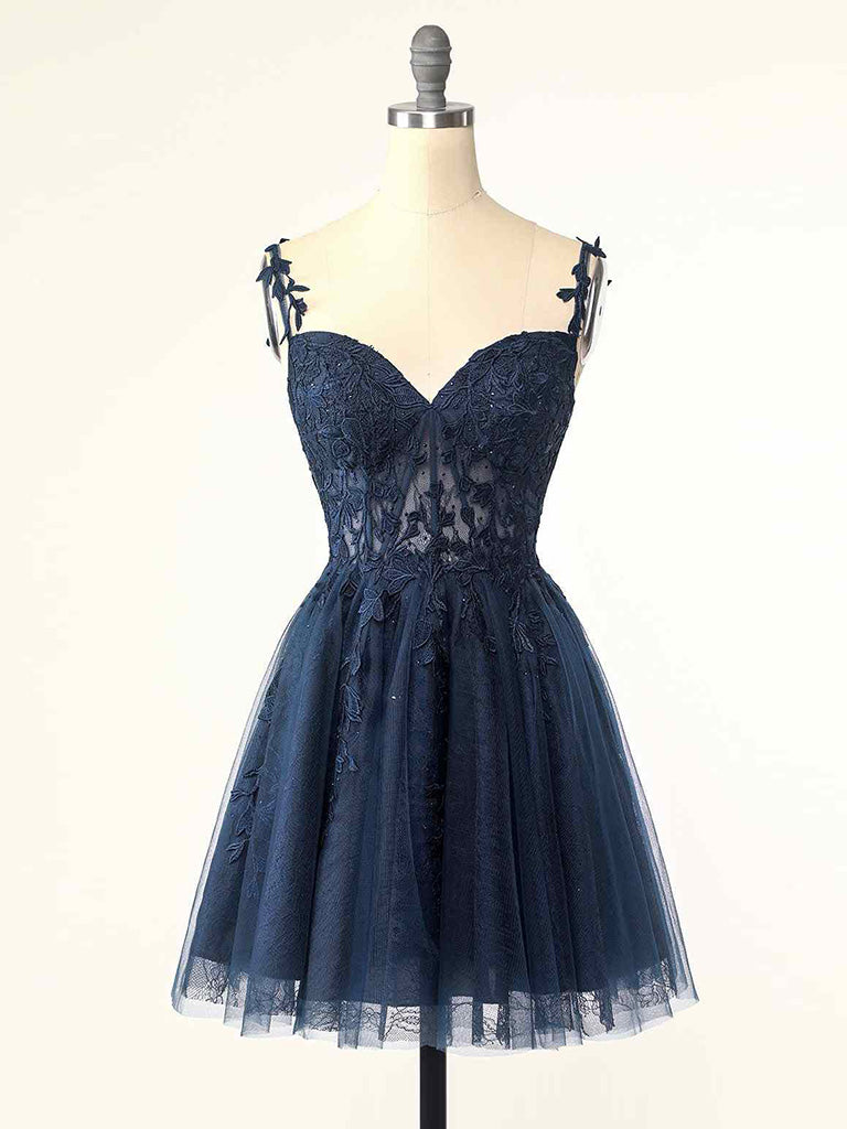 Dressime Tulle V Neck Above Knee Lace Appliques Short Homecoming Dresses dressime