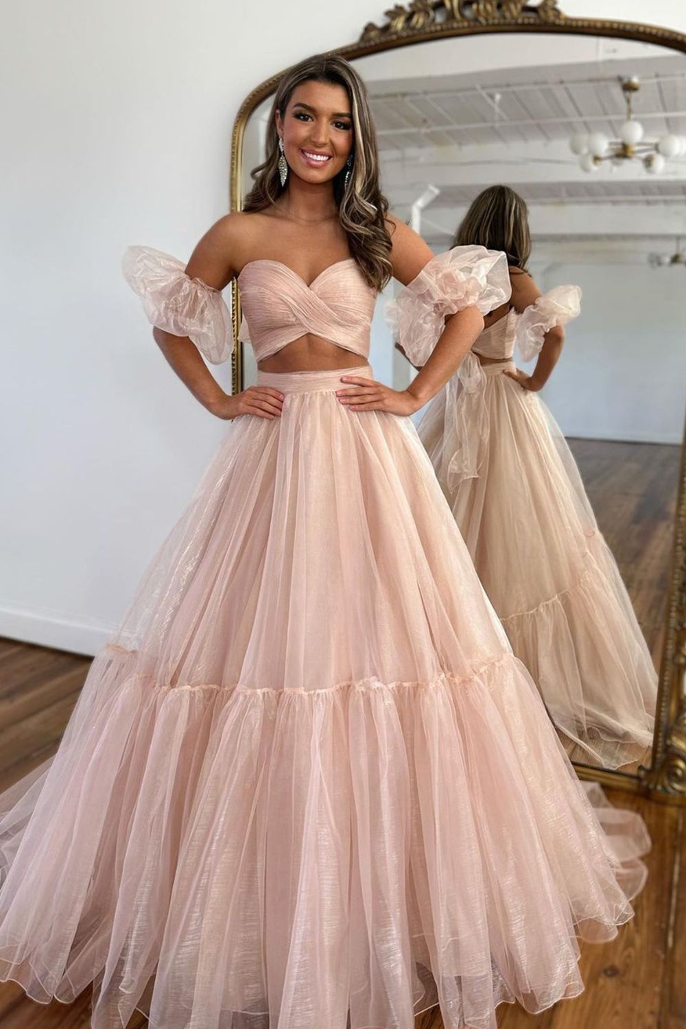 Dressime Two Pieces Puff Sleeves Pleated Organza Long Prom Dresses dressime