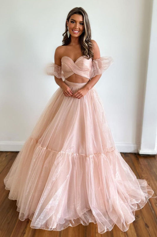 Dressime Two Pieces Puff Sleeves Pleated Organza Long Prom Dresses dressime