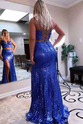 dressimeTwo Piece Spaghetti Straps Sequins Mermaid Prom Dresses with Slit 