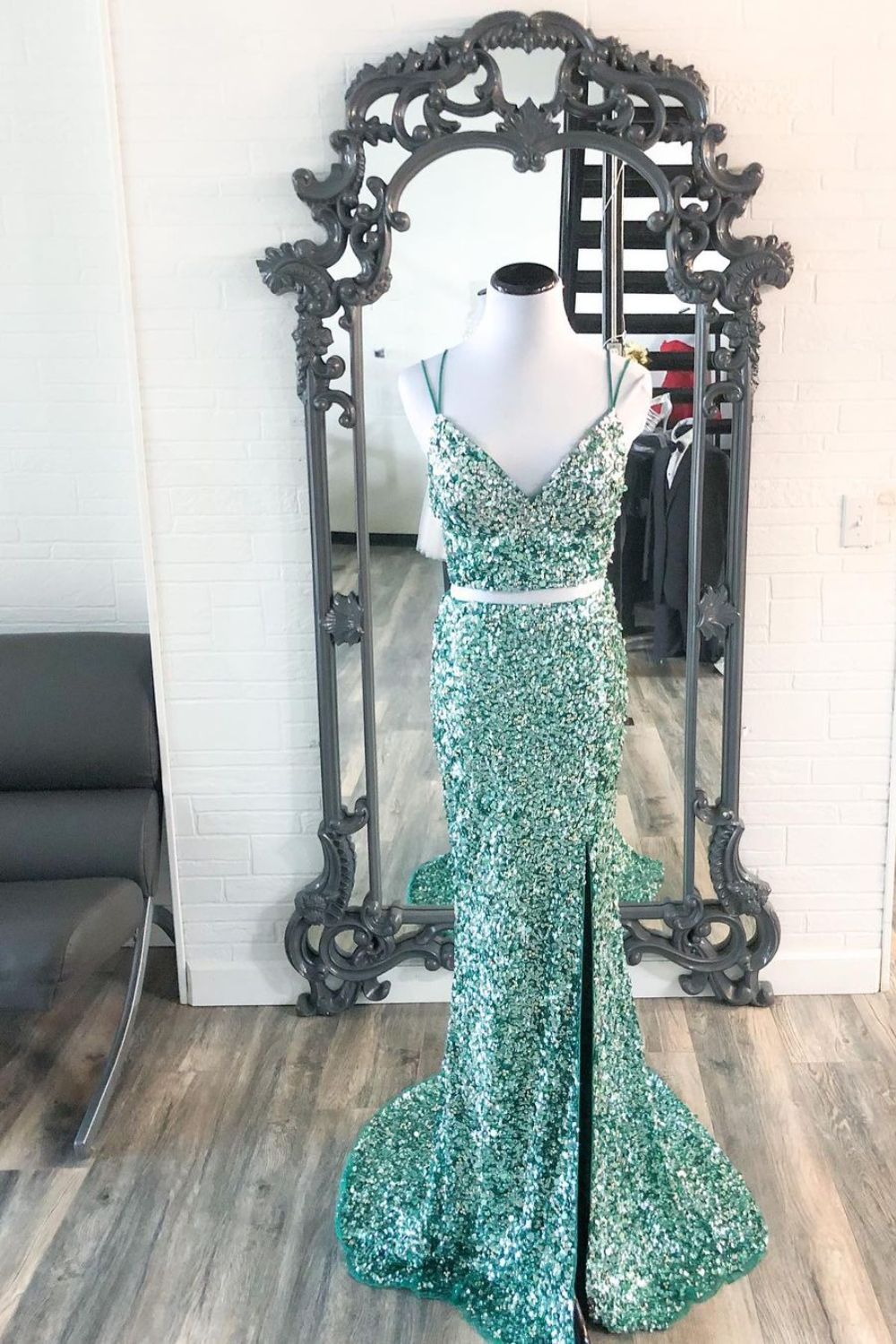 Dressime Two Pieces Spaghetti Straps Sequins Mermaid Prom Dresses with Slit dressime