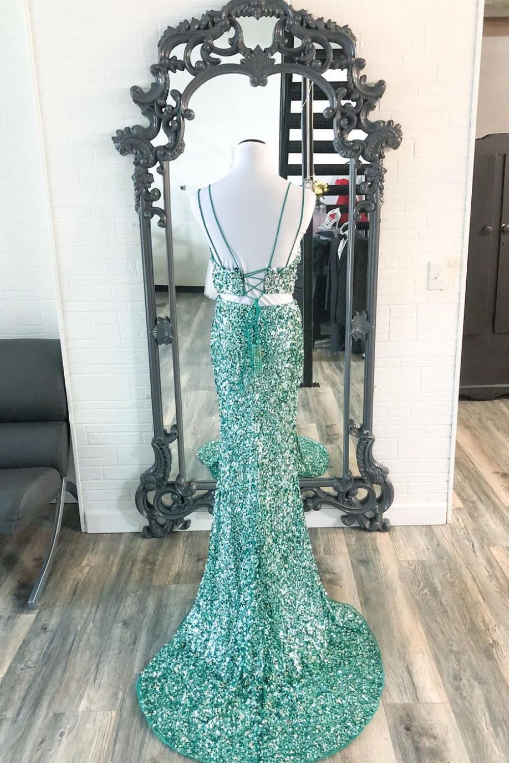 Dressime Two Pieces Spaghetti Straps Sequins Mermaid Prom Dresses with Slit dressime