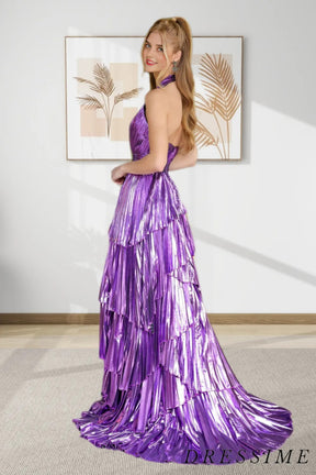 Dressime Unique A Line Halter V Neck Metallic Tiered Long Prom Dress With Slit dressime